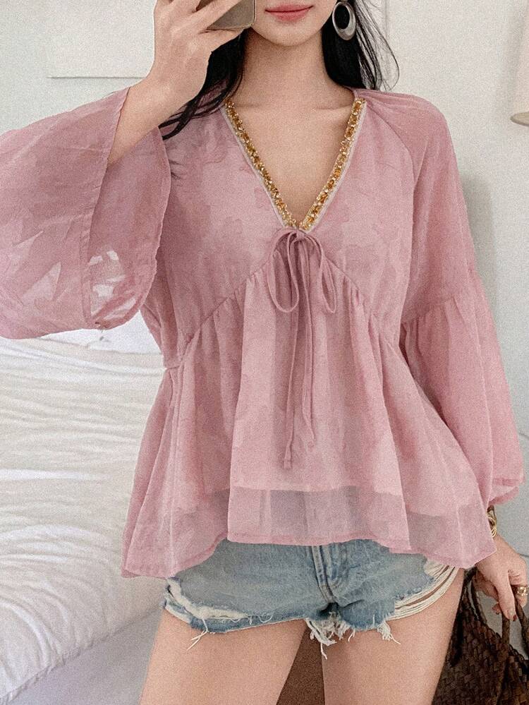 Women's Elegant Commuter Sequin Decor Cutout Blouse