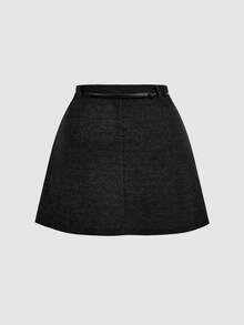 SHEIN MOD 加大码黑色高腰A字裙，配金属腰带，针织抓绒面料，适合秋冬季节和春季穿着。 - 黑色 - 查看 2