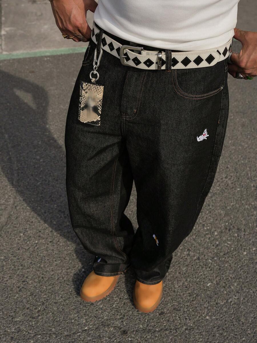 DAZY 春季小狗刺绣街头风牛仔裤 - 黑色 - 查看 1
