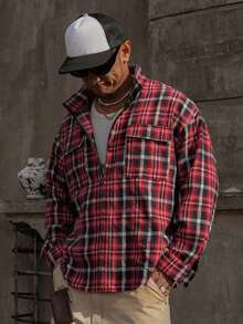 DAZY Spring Red Plaid Fabric Loose Men's Shacket Vacation - Red - View 5