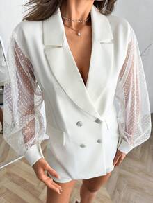 EURMUSE Women Rhinestone Detailed Tulle Sleeve Detailed Blazers - White - View 5