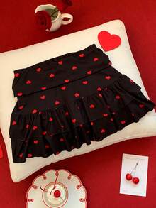 SHEIN EZwear Women's Solid Color Heart-Print Double-Layered Ruffle A-Line Skirt, Suitable For All Seasons, Perfect For Valentine's Day, Dates, Parties, And Other Events. - Black - View 7