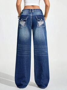 Flirla Women's Casual Washed Low Waist Wing Embroidered Jeans Women Baggy Jeans Flare Jeans Jeans With Wing Embroidery Wide Leg Jeans Long Jeans - Blue - View 2