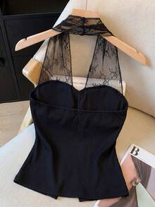 GlowEve Women's Black Solid Color Jacquard Lace Patchwork Backless Design Button Front Elegant Sleeveless Top, Suitable For Birthday, Date, Party, Valentine's Day, Carnival, Easter, Labor Day, Travel, Spring/Summer