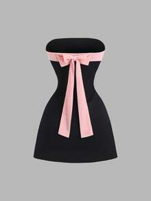 Sweetra Đầm mini nữ thời trang công sở mùa xuân/thu mới, ôm sát, gợi cảm, phối màu tương phản, chất liệu nhung, thắt nơ ở eo. - màu đen - Xem 2