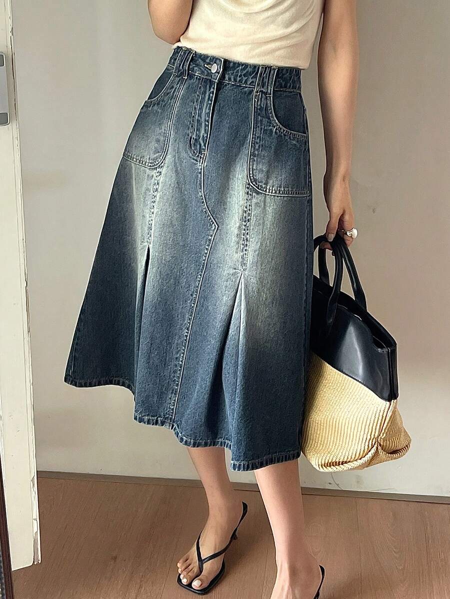 DAZY Women's Regular Waist Pleated Skirt, Casual & Youthful Denim A-Line Skirt - Medium Wash - View 1