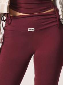 Missguided x Playboy High Rise Folded Waistband Capri Leggings With Side Tie Detail Cropped Length Fitted Athletic Style Burgundy Wine - Burgundy - View 5