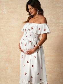 Đầm bầu mùa hè in hình quả anh đào, trễ vai, xếp ly. - trắng - Xem 3