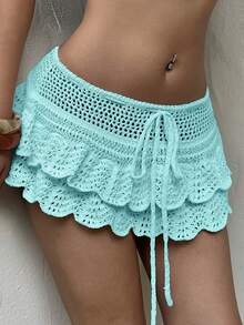 Sunnyshic Women's Vacation Style Beach Ruffle Trim Mini Knit Skirt - Mint Green - View 7
