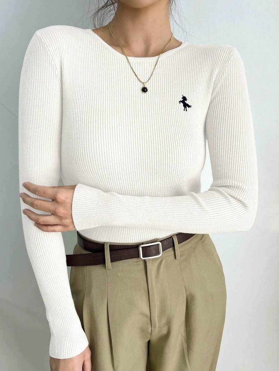 DAZY Suéter de ajuste ceñido de cuello redondo de unicolor, estilo casual de negocios - Blanco - Ver 1