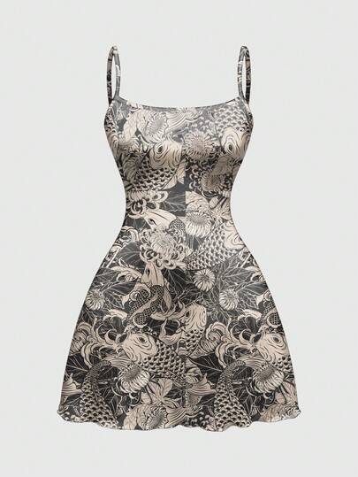 ROMWE Avant Vestido cheongsam de talla grande para mujer con estampado integral de estilo punk, pez dorado, crisantemo y pintura de tinta china, con tirantes finos y elástico