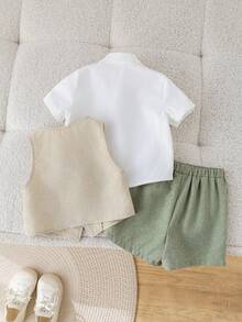 SHEIN 3pcs Set Includes White Shirt, Vest, Elastic Waist Shorts, Bow Tie, Short Sleeve Shirt Outfit, Suitable For Birthday Party, Rave, Evening Party, Performance, Wedding, Baby Shower, Christening, 1st Birthday Celebration, Wedding Guest, Baby Boy - Multicolor - View 2