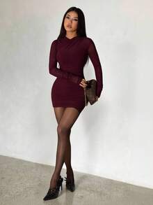 SHEIN PETITE Đầm ngắn ôm sát dài tay màu tím thanh lịch, gợi cảm, thích hợp cho mùa xuân và hè. - Màu đỏ tím - Xem 4