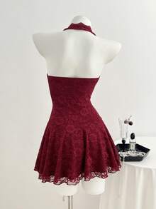 Elamini 女士酒红色V领露背蕾丝紧身连衣裙，适合情人节穿着