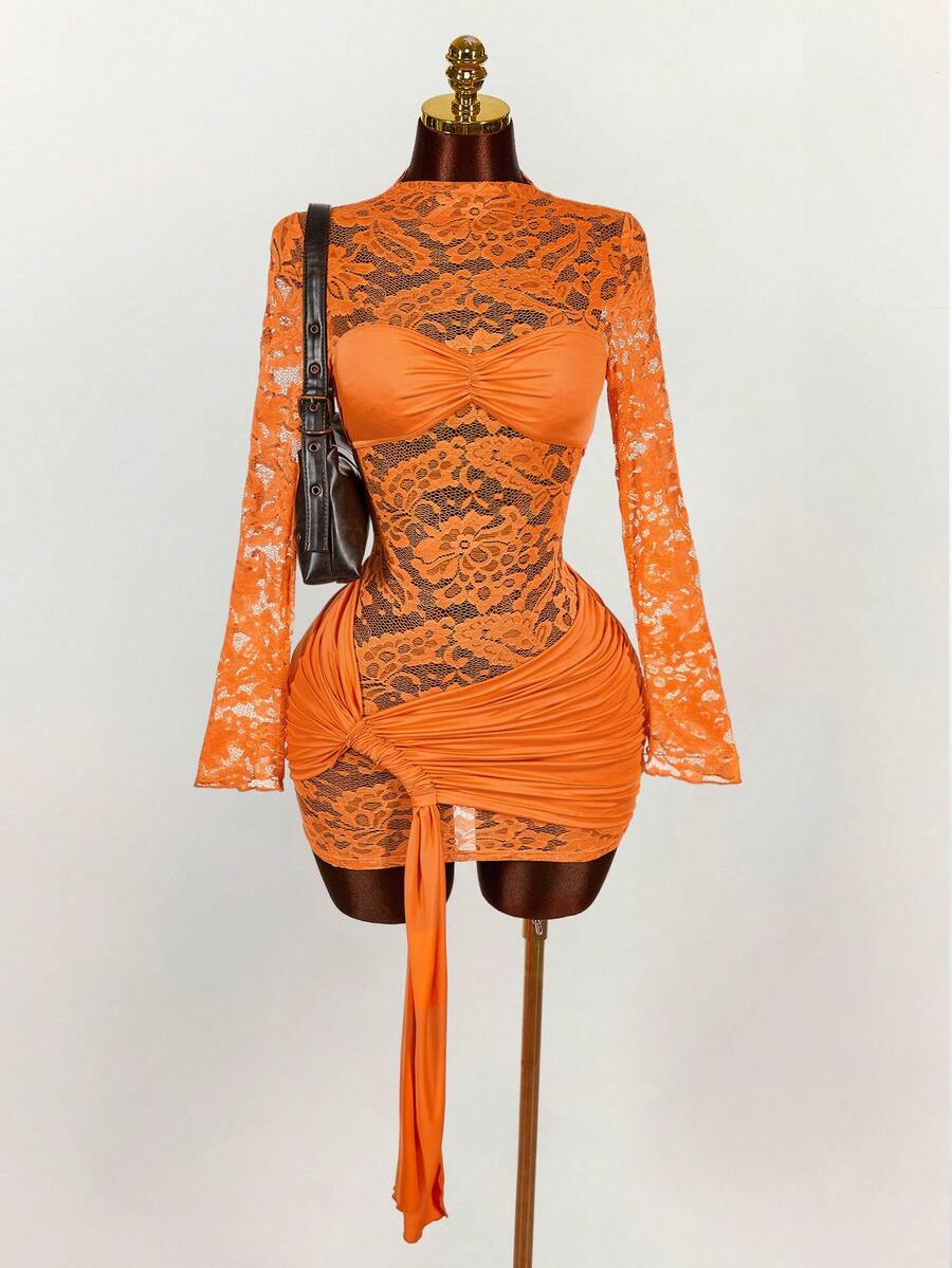 Amplova Women's Lace Mini Bodycon Dress,Long Sleeve Sheer Drawstring Hem Ruched Boho Dress For Party Events,Burnt Orange,Autumn,Techno,Club Night,Rave - Orange - View 1