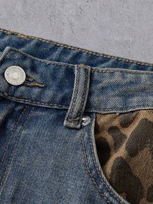 Manfinity Denimwave Men's Patchwork Leopard Print Pocket Distressed Straight Guys Baggy Leopard Print Jeans - Blue - View 5