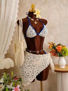 Bellisia Women's Summer Beach Crochet Floral Halter Tie Sexy Bikini Set With Coverup And Skirt - Apricot - View 3