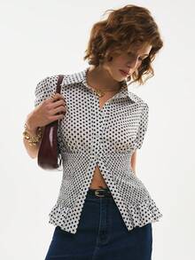 Poéselle 波点印花前扣复古休闲短袖衬衫 - 白色 - 查看 4