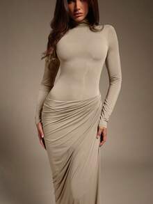 Hauture Vestido largo de manga larga con cuello alto, fruncido y asimétrico de jersey elástico y ajustado para mujer - Albaricoque - Ver 5