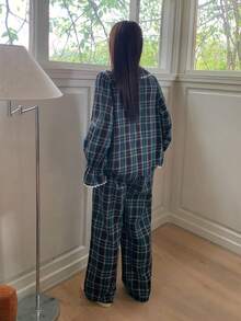 Dazy Plus 加大码女式格子彼得潘领喇叭袖上衣和裤子圣诞新年睡衣套装，红色，春秋季 - 藏蓝色 - 查看 5