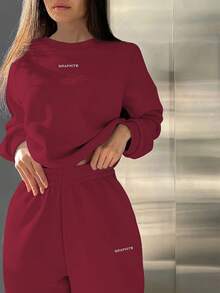 INAWLY 2pcs/Set Women Letter Print Round Neck Long Sleeve Top And Elastic Waist Pants, Christmas