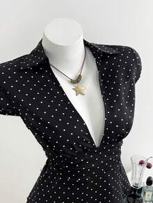 Elamini Women's Black Polka Dot V-Neck Puff Sleeve Blouse, Versatile For Commuting And Daily Wear - Black - View 4