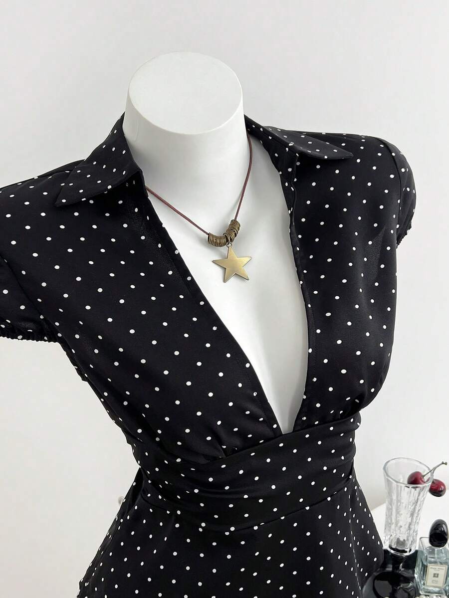 Elamini 女士黑色波点V领泡泡袖衬衫，通勤和日常穿着皆宜 - 黑色 - 查看 1