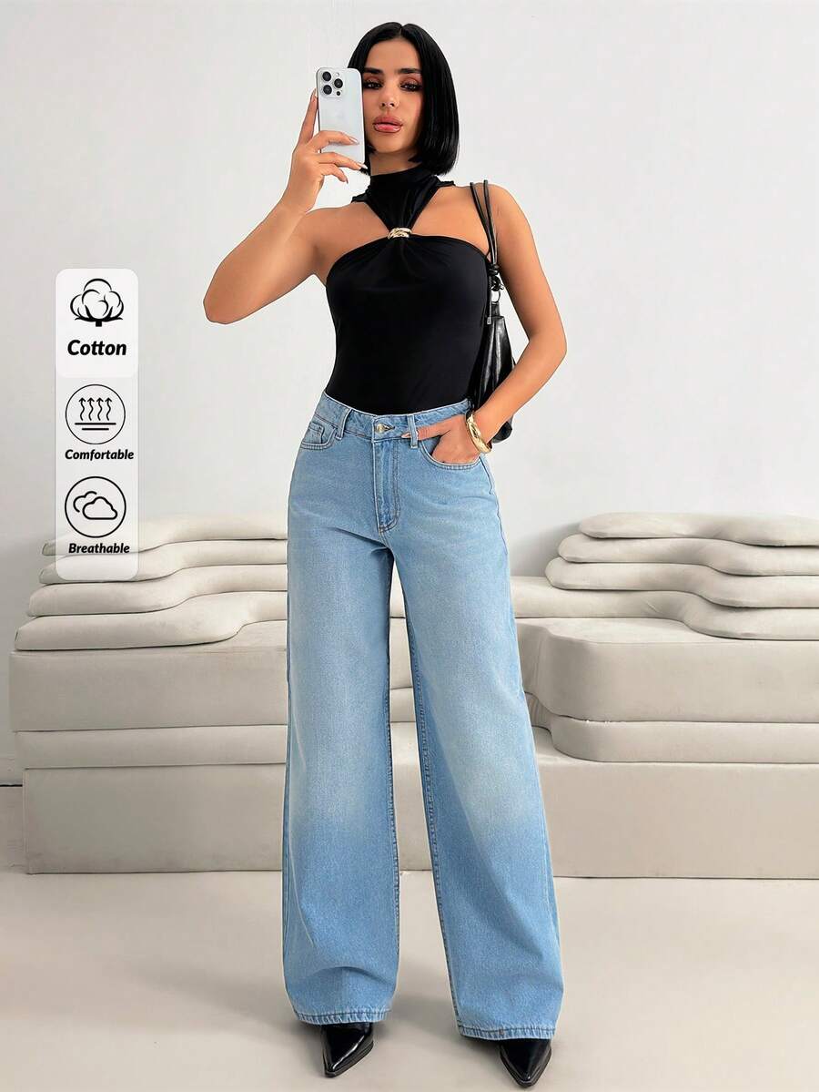 EURMUSE Casual Versatile Commuting Washed Wide-Leg Jeans - Dark Wash - View 1