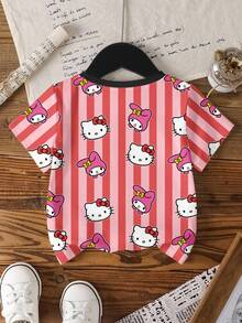 HELLO KITTY AND FRIENDS | SHEIN 少女卡通标语图案撞色条纹T恤 - 白色 - 查看 2