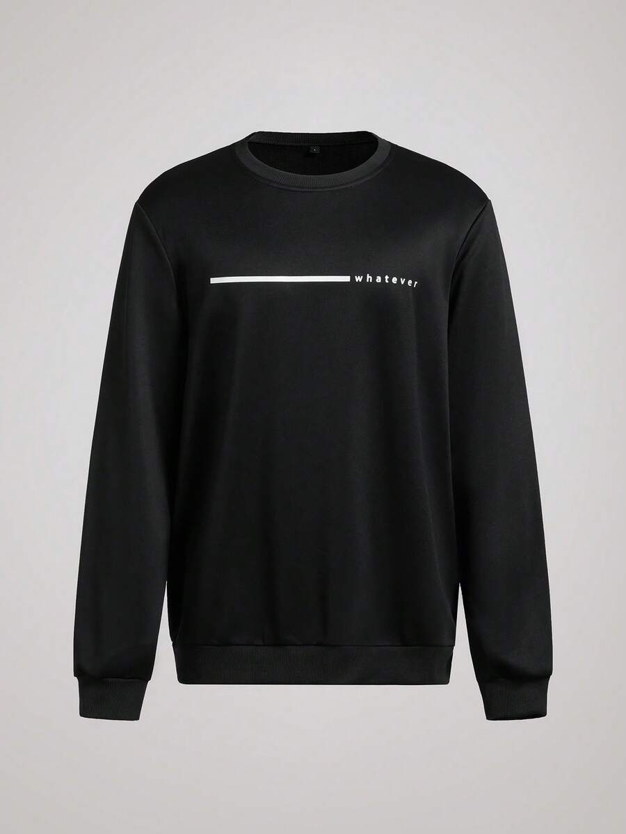 Officeau 男士休闲百搭日常通勤简约印花圆领短袖卫衣，春秋季/夏季 - 黑色 - 查看 1