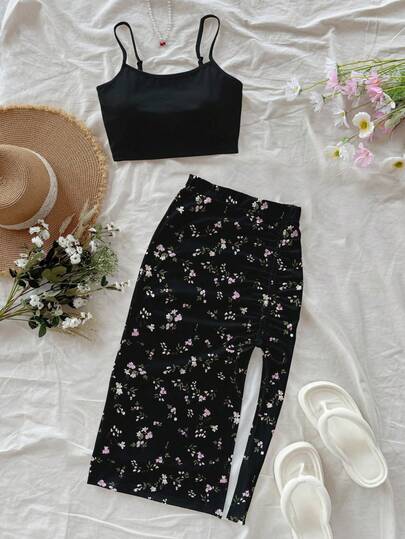 Soleia Casual Ditsy Floral Dress With Black Tank Top, Plus Size Women 2-Piece Set, Suitable For Summer Vacation, Outdoor, Beach