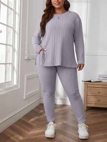 SHEIN Cottnline Plus Size Comfortable Knit Ribbed 2 Pieces Set - Lilac Purple - View 4