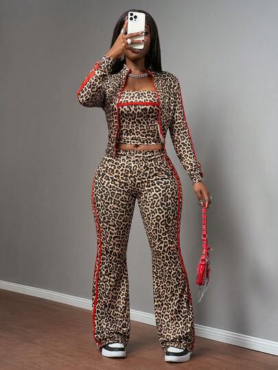 Slaydiva Summer And Autumn New Casual Simple Navy Blue Slim Fit Splicing Ribbon Thin Long Sleeve T-Shirt + Vest + Tight Flare Pants Suitable For Daily Travel, Back To School, Graduation, Brunch, Airport Wear, Party Gatherings, Festivals, Travel, Simple, Versatile, Casual Wear Three-Piece Set Leopard Print Contrast Red Ribbon Women's Suit