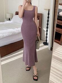 Dazy Tall 高个女式紫色纹理面料吊带修身长裙 - 紫色 - 查看 3