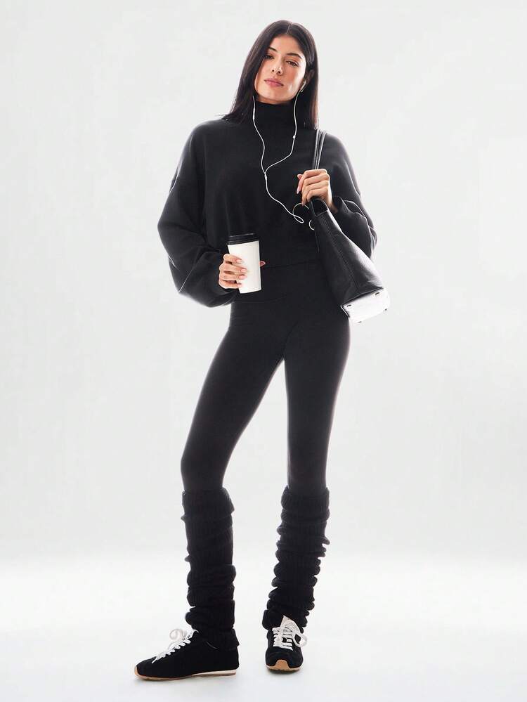 Modal Soft Warm Curved Bubble Hem Waist Length Oversized Ribbed Cuffs High Neck Pullover Sweatshirt Daily