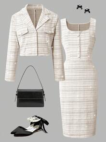 SHEIN Bộ đồ 2 món thanh lịch dành cho bé gái, gồm áo khoác ngắn bằng vải tweed và váy ôm không tay, trang phục thời trang cho mùa xuân và mùa thu. - Cà phê nâu - Xem 6