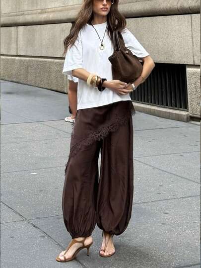 Siren Gaze New Spring Style Brown Faux Two-Piece Culottes For Women, Asymmetrical Lace-Trimmed Lantern Pants, Fashionable Travel Wear, Casual Trousers. Summer