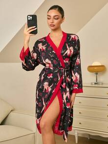 Betty Boop x SHEIN Women's Casual Contrast Lace Allover Print Belted Sleepwear Robe - Black - View 6