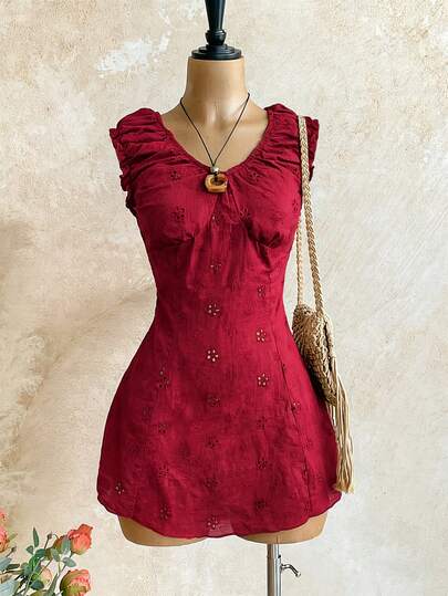 INAWLY 女士度假休闲V领刺绣无袖连衣裙