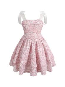 Girlism Tween Girls Floral Print Ribbon Bow Strap Elegant Dress Cute Dress Lolita Dress Kawaii Dress Garden Party Dress - Multicolor - View 5