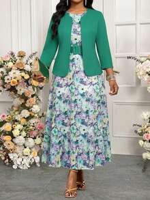 SHEIN Lady Bộ đồ 2 món thanh lịch dành cho nữ cỡ lớn: áo khoác tay lửng 3/4 và váy không tay in hoa. - Nhiều màu - Xem 6