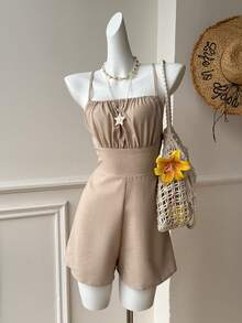 SHEIN EZwear 卡其色编织露背连体裤（女款） - 卡其色 - 查看 5