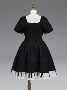 ROMWE Goth Đầm cỡ lớn dành cho nữ, kiểu dáng vintage Y2K, xếp ly, phối ren, họa tiết bàn phím đàn piano, thắt eo. - màu đen - Xem 2