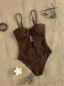 Swim Chiccia 1件装女士性感休闲度假简约优雅纯色镂空扭结肩带连体泳衣，春夏款 - 棕色 - 查看 7