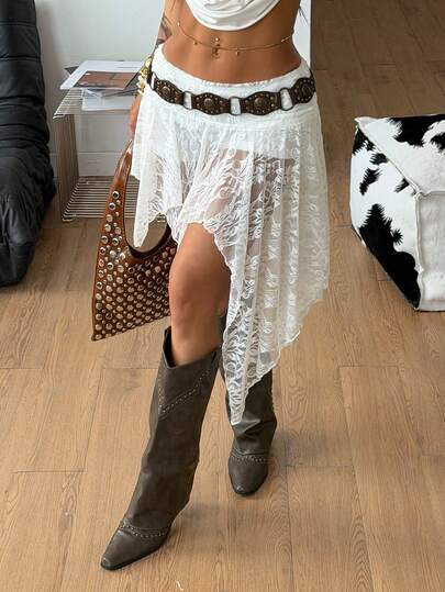 Coolane Women's Spring/Summer Streetwear Vintage Boho Beach Outfits Y2K Lace Comfortable Stretchy White Mini Asymmetrical Ruffle Skirts Skorts