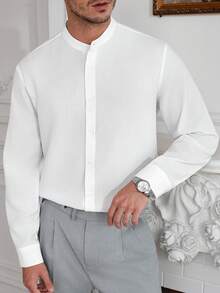 Core Aspect 男士成熟都市纯色长袖单排扣休闲衬衫，男士白色长袖衬衫，白色领衬衫，亨利领商务休闲男士衬衫，男士纹理衬衫。新款男士春夏系列推出一款白色立领纽扣长袖衬衫，采用竹节纹理设计。适合通勤、约会和都市休闲等场合穿着。 - 白色 - 查看 4