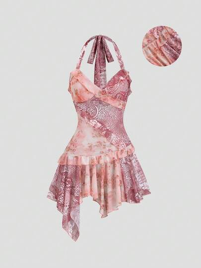 Sweetra Women's Vintage Sweet Casual Daily Versatile Fashion Outing Party Bohemian Mesh Paisley Print Patchwork Mesh Retro Floral Multi-Layer Ruffle Tie-Up Bow Mini Dress, Spring/Summer. Perfect Summer Holiday Outfits.