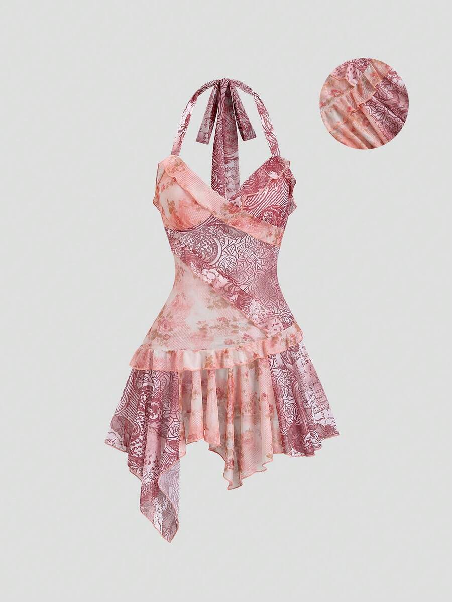 Sweetra 女士复古甜美休闲日常百搭时尚外出派对波西米亚风网纱佩斯利印花拼接网纱复古花卉多层荷叶边系带蝴蝶结迷你连衣裙，春夏款 - 彩色 - 查看 1