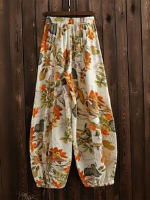 Linhara Women's Retro Vintage Botanical Print Flared Pants,Beige Autumn Boho Holiday Vacation Resort Beach Pants,Countryside Style Elastic Hem - Multicolor - View 2