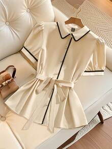 GlowEve CURVE Áo kiểu nữ thời trang thanh lịch tay phồng phối màu tương phản - Màu be - Xem 3